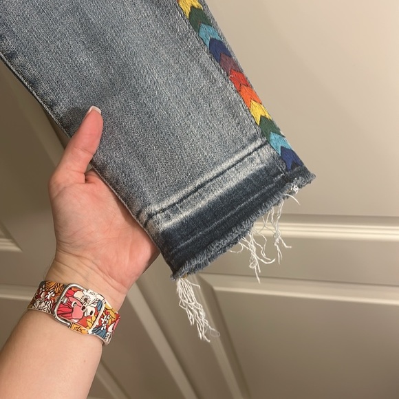 Anthropologie Driftwood Jackie Embroidered Rainbow Raw Hem Chevron Jeans - Picture 3 of 6